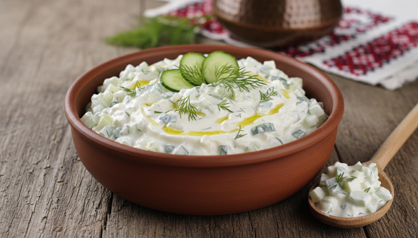 Снежанка (салата с цедено кисело мляко, краставици, чесън и копър)